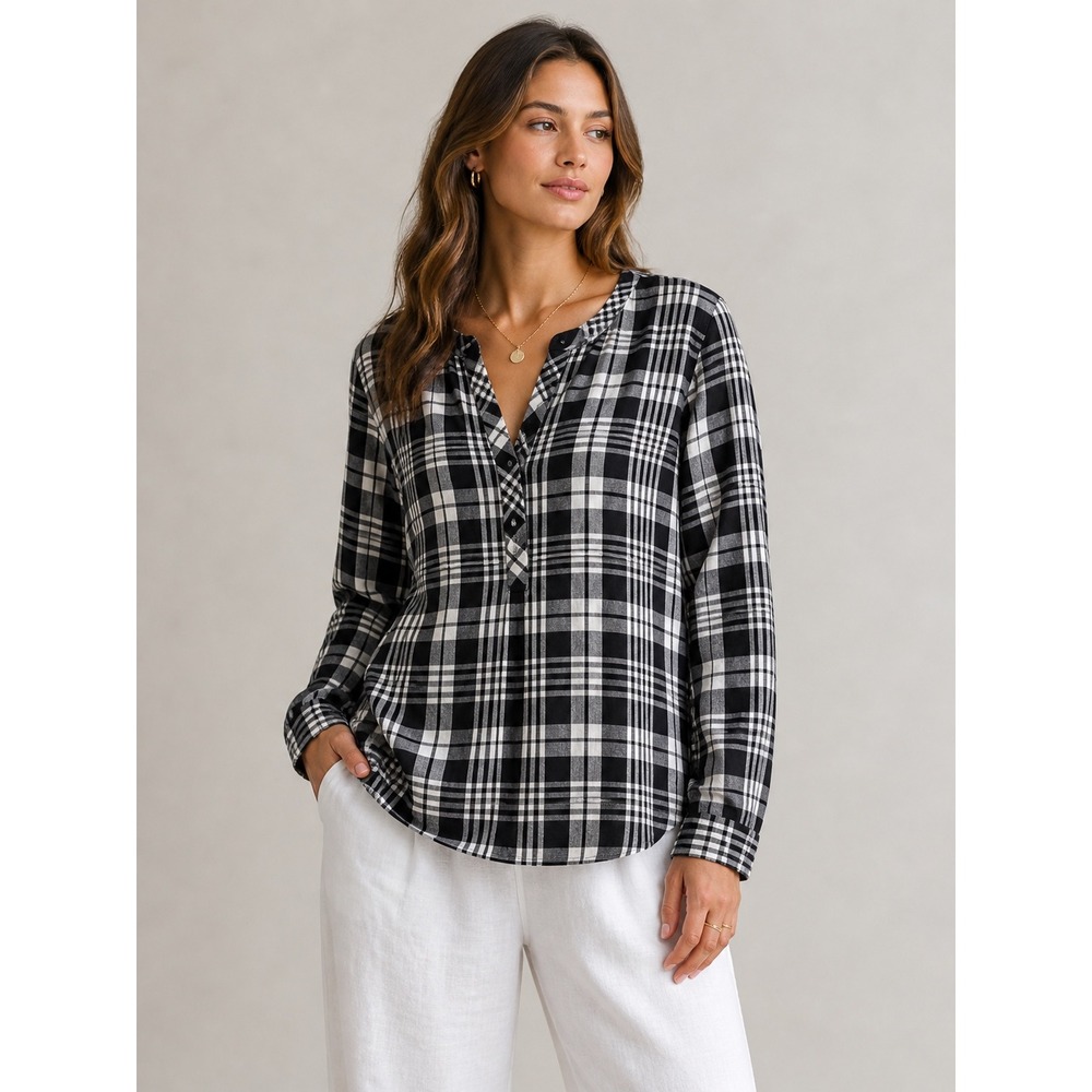 Talbots Womens Black White‎ Plaid Split Neck Button Front Tunic Blouse Small